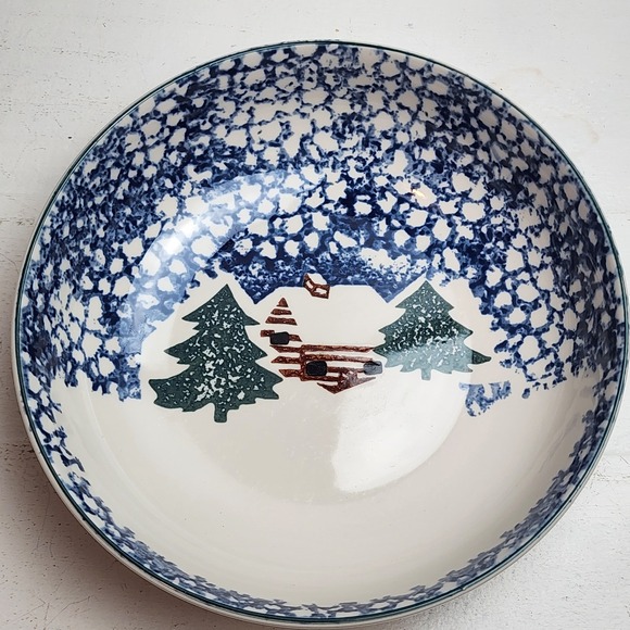 Vintage Tienshan Folk Craft "Cabin in the Snow" Bowl & Mug Blue White Winter - Picture 3 of 8
